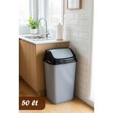 Porsima 0097 Kapaklı Gri-Siyah Çöp Kutusu - Favori Banyo ve Mutfak Çöp Kovası 50LT