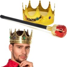 Marsilyan Altın Renk 60 cm Kral Tacı Kraliyet Tacı ve Kırmızı Topuzlu Kral Asası Seti