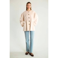 Cemo Kabarık Kollu ve Altın Düğmeli Peluş Suni Kürk Ceket