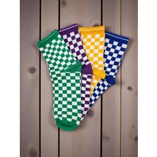 G Socks 4'lü Yeşil, Mor, Turuncu, Mavi Damalı Renkli Çorap Seti