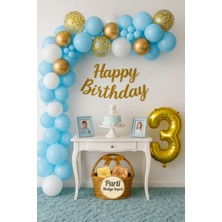 Mavi Beyaz Gold 3 Yaş Doğum Günü Balon Seti Happy Birthday Yazısı + Gold Rakam Folyo