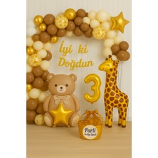 Beren Parti Ayı ve Zürafa Temalı Doğum Günü Parti Seti | Altın Renkli Balonlar, Balon Zinciri ve İyi Ki Doğdun Yazısı