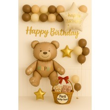 Ayıcık Temalı Doğum Günü Süs Seti | Bej Kahve Gold Balonlu