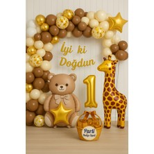 Ayı ve Zürafa Temalı Doğum Günü Parti Seti | Gold Balonlar, Balon Zinciri ve Iyi Ki Doğdun Yazısı