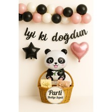 Panda Folyo Balon Doğum Günü Süsleri Seti | Siyah Yıldız + Pembe Kalp Balon