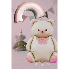 Ayıcık Krem & Gökkuşağı Retro Pembe Folyo Balon Seti