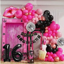 Dudak Ruj Disko Topu  Konseptli Fuşya Siyah Renklerinde Doğum Günü Parti Seti