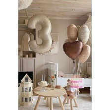 Pastel Retro 3 Yaş Krem Rakam ve Kalp Folyo Balon Seti – Kahverengi Tonlarında