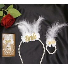 Bride Incili Tüylü Taç ve Bileklik Seti