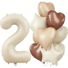 Doğum Günü Partisi - Krem Rengi - Rakam ,kalpli ve Yıldızlı Folyo Balon Konsept Seti