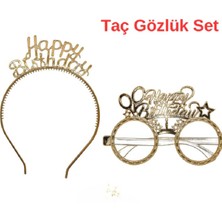 Beren Parti Happy Birthday Gold Taç Gözlük Seti, Doğum Günü İçin Şık Aksesuar, Altın Renkli, 2 Parça