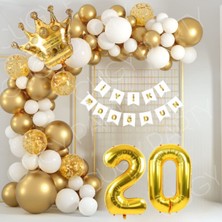 20 Yaş Doğum Günü Seti Gold Kral Taçlı  Gold Beyaz Şeffaf Konfetili Balon Seti