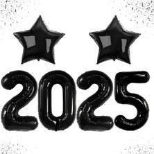 Siyah 2025 Balonlu 34 Inç Yılbaşı Parti Malzemeleri Için Yıldızlı Balonlu Mutlu Yıllar Süslemeleri