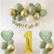 Adaçayı Konsept 1 Yaş Doğum Günü Seti ; Küf Yeşili-Krom Gold- Deniz Kumu ve Adaçayı Kalp Folyo Balon