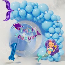Mavi Deniz Kızı Konsept Yaş Rakamlı Balık Kuyruğu Doğum Günü Süsü Balon Seti