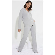 Merlot Düğmeli Biyeli Pijama Takımı Kadın Kloş Silüet Günlük Stil Desenli Gri Renk