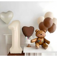 1 Yaş Doğum Günü Parti Rakam ve Kalp Krem Bej Kahve Oyuncak Ayı Folyo Retro Balon Seti