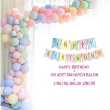 Karışık Makaron Pastel Balon Seti Happy Bırthday Yazısı Makaron 5 Metre Balon Zinciri