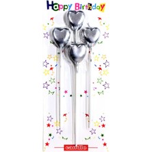 4 Lü Çubuklu Kalp Gümüş Mum 13.5cm