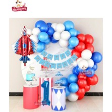 Jet Uçak Mavi 1 Yaş Folyolu Kırmızı Beyaz Mavi Balon Zincir Doğum Günü Seti