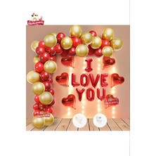 Sevgililer Günü Ledli I Love You Folyolu Kırmızı Gold Set