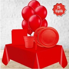 Balonlu Kırmızı Doğum Günü Parti Paketi Süs Seti 24 Kişilik