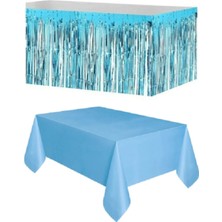 Plastik Mavi Masa Örtüsü - Mavi Metalize Masa Eteği Püskülü