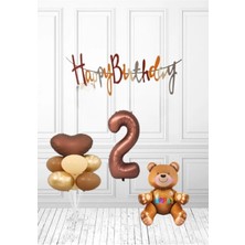 Kahve Happy Kalioğrafili Kahve Yaşlı Ayıcıklı Retro Renk Doğum Günü Balon Set Süsü