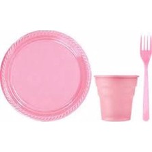 Pembe Renk Plastik Tabak, Bardak, Çatal Seti Parti Piknik Seti