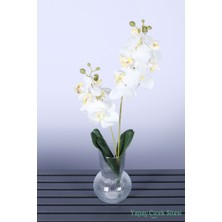 Yapay Çiçek Sitesi Yapay Yapraklı 2 Dal Islak Orkide Çiçeği Beyaz 55 cm