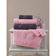 Ellaline 4'lü Banyo Havlusu Seti %100 Pamuk Sertifikalı, Elmas Desen Bordür 50X80-70X130CM Antrasit Pembe