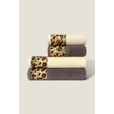 Ellaline Leopar Banyo Havlusu Seti %100 Pamuk Sertifikalı, 4 Parça, 50X90 - 70X140CM Desenli Havlu Krem Kahve