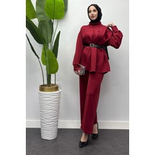 Tesettür Diyarı Scuba Kumaş Kemerli Tunik Takım- Bordo
