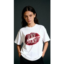Dune Love Story Oversize 3 Iplik Pamuk Baskılı Beyaz T-Shirt