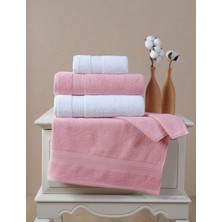 Ellaline 4'lü Banyo Havlusu Seti %100 Pamuk Sertifikalı, 50X80 - 70X130, Elmas Desen Bordürlü Pembe Beyaz