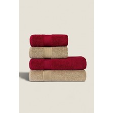 Ellaline 4'lü Banyo Havlusu Seti %100 Pamuk Sertifikalı Vücut ve Baş | Çeyizlik 50X90 70X140 Bordo Bej