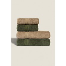 Ellaline 4'lü Banyo Havlusu Seti %100 Pamuk Sertifikalı Vücut - Baş, Çeyizlik 50X90 - 70X140 Bej Yeşil