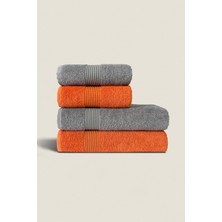 Ellaline 4'lü Banyo Havlusu Seti %100 Pamuk Sertifikalı Vücut ve Baş | Çeyizlik 50X90 - 70X140 Turuncu - Gri