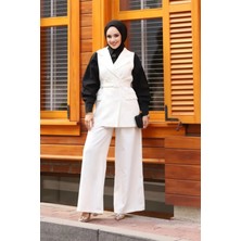 Tesettür Diyarı Krep Kumaş Yelekli Pantolonlu Ikili Takım Beyaz