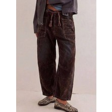 Madame Melek Baggy Geniş Bacak Kot Kadınlar için Vintage Düşük Bel Çan Alt Cepli Pantolon