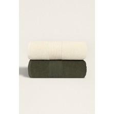 Ellaline 2'li Havlu Seti %100 Pamuk Sertifikalı El Yüz Mutfak Havlusu 50X90CM Krem - Koyu Yeşil