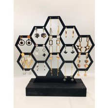 Petek Desenli Ahşap Küpe Standı, Modern Takı Organizer, Siyah Renk