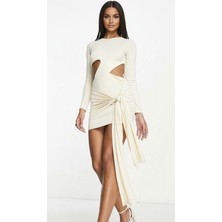 Merlot Krem Vücuda Oturan Bel Dekolteli Bağlama Detaylı Mini Elbise