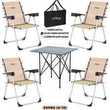 Argeus 4 Adet Katlanır Kamp Sandalyesi ve Alüminyum Masa Seti - Rock Dark - Sahra - Taşıma Çantalı