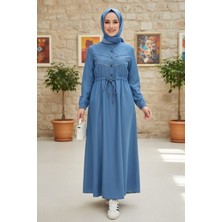 Harman Butik Kadın Dantel Detaylı Belden Sıkmalı Cepli Açık Kot Mavi Elbise