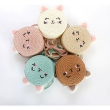 Butik Kız Çocuk Hasır Peluş Kulaklı Kedili Çanta