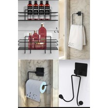 Ahlat Store Siyah 5'li Banyo Seti 2li Duş Rafı, Kare Havluluk, Wc Kağıtlık, Askılık