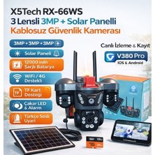 X5 Tech X5TECH RX-66WS 3 Lensli 3mp + Solar Panelli Kablosuz Güvenlik Kamerası | 4g/wifi, 12000 Mah Batarya, Gece Görüşü, V380 Pro