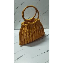 Vela Penye Elyapımı Örgülü Bambu Saplı Sarı El Çantası