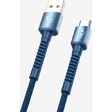 LinkTech K552 Safe 3A Örgülü Metal Başlı Usb'den Type-C'ye Şarj Kablosu Mavi
